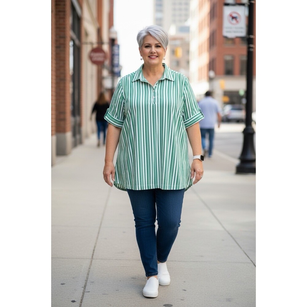 Blair Green and White striped popover tunic top 2XL - Picture 2 of 5